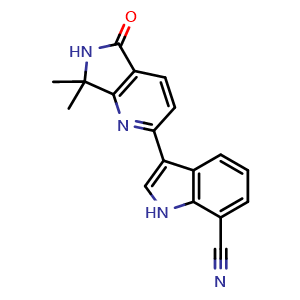 Chemical structure of 3-(7,7-dimethyl-5-oxo-6,7-dihydro-5H-pyrrolo[3,4-b]pyridin-2-yl)-1H-indole-7-carbonitrile , CAS 2759137-87-4, AChemBlock Y229730