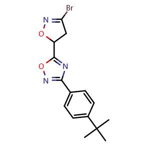 Chemical structure of 5-(3-bromo-4,5-dihydroisoxazol-5-yl)-3-(4-(tert-butyl)phenyl)-1,2,4-oxadiazole , CAS 2863687-18-5, AChemBlock Y229753