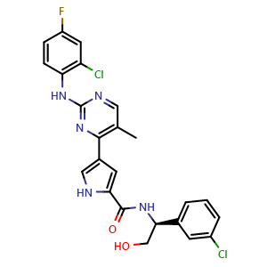 Chemical structure of (S)-4-(2-((2-chloro-4-fluorophenyl)amino)-5-methylpyrimidin-4-yl)-N-(1-(3-chlorophenyl)-2-hydroxyethyl)-1H-pyrrole-2-carboxamide , CAS 896720-20-0, AChemBlock Y230287
