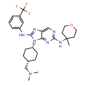 Chemical structure of 9-((1s,4s)-4-((dimethylamino)methyl)cyclohexyl)-N2-(4-methyltetrahydro-2H-pyran-4-yl)-N8-(3-(trifluoromethyl)phenyl)-9H-purine-2,8-diamine , CAS 2166082-33-1, AChemBlock Y230288