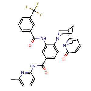 Chemical structure of N-(6-methylpyridin-2-yl)-4-(8-oxo-1,5,6,8-tetrahydro-2H-1,5-methanopyrido[1,2-a][1,5]diazocin-3(4H)-yl)-3-(3-(trifluoromethyl)benzamido)benzamide , CAS 441050-81-3, AChemBlock Y230289