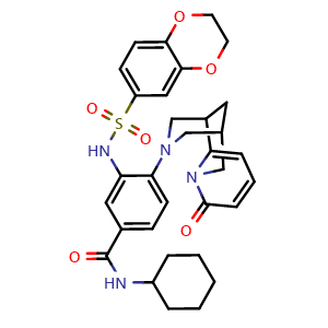 Chemical structure of N-cyclohexyl-3-((2,3-dihydrobenzo[b][1,4]dioxine)-6-sulfonamido)-4-(8-oxo-1,5,6,8-tetrahydro-2H-1,5-methanopyrido[1,2-a][1,5]diazocin-3(4H)-yl)benzamide , CAS 688794-42-5, AChemBlock Y230290