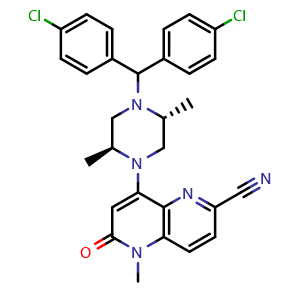 Chemical structure of 8-((2S,5R)-4-(bis(4-chlorophenyl)methyl)-2,5-dimethylpiperazin-1-yl)-5-methyl-6-oxo-5,6-dihydro-1,5-naphthyridine-2-carbonitrile , CAS 2407892-34-4, AChemBlock Y230291