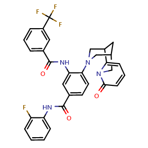 Chemical structure of N-(2-fluorophenyl)-4-(8-oxo-1,5,6,8-tetrahydro-2H-1,5-methanopyrido[1,2-a][1,5]diazocin-3(4H)-yl)-3-(3-(trifluoromethyl)benzamido)benzamide , CAS 441049-84-9, AChemBlock Y230292
