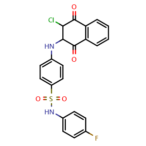 Chemical structure of 4-(3-chloro-1,4-dioxo-1,2,3,4-tetrahydronaphthalen-2-ylamino)-N-(4-fluorophenyl)benzenesulfonamide , AChemBlock Y230296
