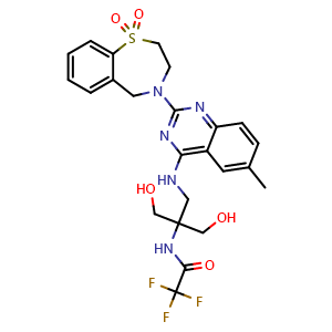 Chemical structure of N-(1-((2-(1,1-dioxido-2,3-dihydrobenzo[f][1,4]thiazepin-4(5H)-yl)-6-methylquinazolin-4-yl)amino)-3-hydroxy-2-(hydroxymethyl)propan-2-yl)-2,2,2-trifluoroacetamide , AChemBlock Y230300