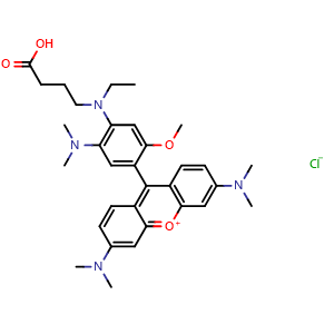 Chemical structure of 9-(4-((3-carboxypropyl)(ethyl)amino)-5-(dimethylamino)-2-methoxyphenyl)-3,6-bis(dimethylamino)xanthylium chloride , CAS 1034887-12-1, AChemBlock Y230308