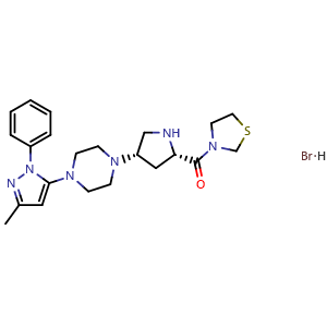 Chemical structure of [(2S,4S)-4-[4-(5-methyl-2-phenylpyrazol-3-yl)piperazin-1-yl]tetrahydro-1H-pyrrol-2-yl](1,3-thiazolidin-3-yl)methanone hydrobromide , CAS 906093-29-6, AChemBlock Y230311