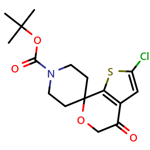 Chemical structure of tert-butyl 2'-chloro-4'-oxo-4',5'-dihydrospiro[piperidine-4,7'-thieno[2,3-c]pyran]-1-carboxylate , CAS 1307248-46-9, AChemBlock Y230673