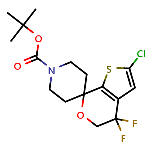 Chemical structure of tert-butyl 2'-chloro-4',4'-difluoro-4',5'-dihydrospiro[piperidine-4,7'-thieno[2,3-c]pyran]-1-carboxylate , CAS 1307248-48-1, AChemBlock Y230674