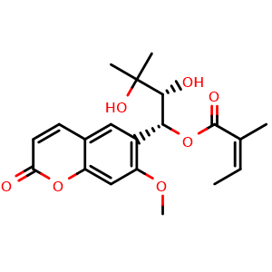 Chemical structure of (1R,2R)-2,3-dihydroxy-1-(7-methoxy-2-oxo-2H-chromen-6-yl)-3-methylbutyl (Z)-2-methylbut-2-enoate , CAS 83199-38-6, AChemBlock Y230729
