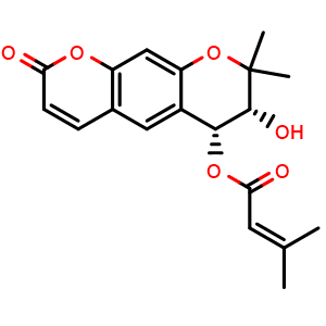 Chemical structure of (6R,7R)-7-hydroxy-8,8-dimethyl-2-oxo-7,8-dihydro-2H,6H-pyrano[3,2-g]chromen-6-yl 3-methylbut-2-enoate , CAS 2108719-17-9, AChemBlock Y230731