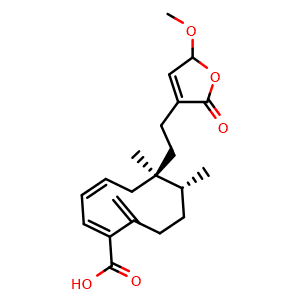 Chemical structure of rel-(1E,3Z,6R,7R)-6-[2-(2,5-Dihydro-5-methoxy-2-oxo-3-furanyl)ethyl]-6,7-dimethyl-10-methylene-1,3-cyclodecadiene-1-carboxylic acid , CAS 1356388-38-9, AChemBlock Y230744