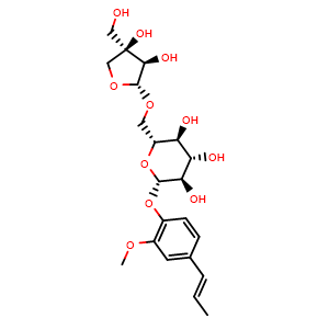 Chemical structure of (2R,3S,4S,5R,6S)-2-((((2R,3R,4R)-3,4-dihydroxy-4-(hydroxymethyl)tetrahydrofuran-2-yl)oxy)methyl)-6-(2-methoxy-4-((E)-prop-1-en-1-yl)phenoxy)tetrahydro-2H-pyran-3,4,5-triol , CAS 2476709-47-2, AChemBlock Y230793
