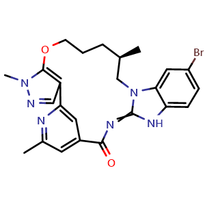 Chemical structure of (18R)-14-Bromo-18,19,20,21-tetrahydro-1,6,18-trimethyl-1H,10H-4,8-metheno-17H-pyrazolo[3¡ä,4¡ä:2,3][1,5,10,12]oxatriazacycloheptadecino[12,11-a]benzimidazol-9-one , CAS 2573869-16-4, AChemBlock Y230800