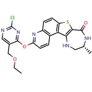 Chemical structure of (10R)-3-[[2-Chloro-5-(ethoxymethyl)-4-pyrimidinyl]oxy]-9,10,11,12-tetrahydro-10-methyl-8H-[1,4]diazepino[5¡ä,6¡ä:4,5]thieno[3,2-f]quinolin-8-one , CAS 1887069-10-4, AChemBlock Y230801