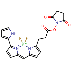 Chemical structure of 2,5-dioxopyrrolidin-1-yl 3-(5,5-difluoro-7-(1H-pyrrol-2-yl)-5H-5l4,6l4-dipyrrolo[1,2-c:2',1'-f][1,3,2]diazaborinin-3-yl)propanoate , CAS 201998-61-0, AChemBlock Y230802