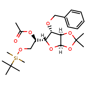 Chemical structure of (R)-1-((3aR,5R,6S,6aR)-6-(benzyloxy)-2,2-dimethyltetrahydrofuro[2,3-d][1,3]dioxol-5-yl)-2-((tert-butyldimethylsilyl)oxy)ethyl acetate , CAS 177897-32-4, AChemBlock Y230813