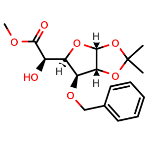 Chemical structure of methyl (R)-2-((3aR,5R,6S,6aR)-6-(benzyloxy)-2,2-dimethyltetrahydrofuro[2,3-d][1,3]dioxol-5-yl)-2-hydroxyacetate , CAS 87326-76-9, AChemBlock Y230816