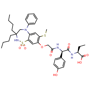 Chemical structure of (S)-2-((R)-2-(2-((3,3-dibutyl-7-(methylthio)-1,1-dioxido-5-phenyl-2,3,4,5-tetrahydrobenzo[f][1,2,5]thiadiazepin-8-yl)oxy)acetamido)-2-(4-hydroxyphenyl)acetamido)butanoic acid , CAS 501692-44-0, AChemBlock Y230821