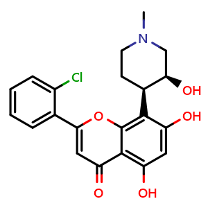 Chemical structure of 2-(2-chlorophenyl)-5,7-dihydroxy-8-((3S,4R)-3-hydroxy-1-methylpiperidin-4-yl)-4H-chromen-4-one , CAS 146426-40-6, AChemBlock Y230827