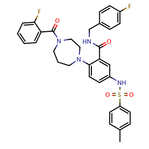 Chemical structure of 2-(4-(2-fluorobenzoyl)-1,4-diazepan-1-yl)-N-(4-fluorobenzyl)-5-((4-methylphenyl)sulfonamido)benzamide , CAS 1081252-12-1, AChemBlock Y230828