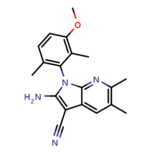 Chemical structure of 2-amino-1-(3-methoxy-2,6-dimethylphenyl)-5,6-dimethyl-1H-pyrrolo[2,3-b]pyridine-3-carbonitrile , CAS 2719751-28-5, AChemBlock Y230830