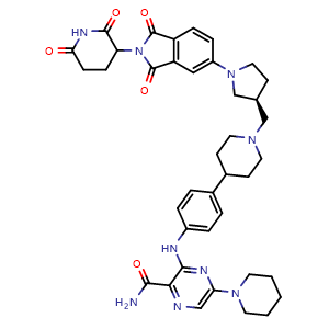 Chemical structure of 3-((4-(1-(((3S)-1-(2-(2,6-dioxopiperidin-3-yl)-1,3-dioxoisoindolin-5-yl)pyrrolidin-3-yl)methyl)piperidin-4-yl)phenyl)amino)-5-(piperidin-1-yl)pyrazine-2-carboxamide , CAS 2416131-46-7, AChemBlock Y230831