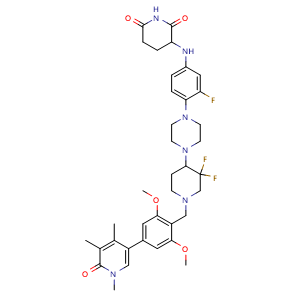 Chemical structure of 3-((4-(4-(1-(2,6-dimethoxy-4-(1,4,5-trimethyl-6-oxo-1,6-dihydropyridin-3-yl)benzyl)-3,3-difluoropiperidin-4-yl)piperazin-1-yl)-3-fluorophenyl)amino)piperidine-2,6-dione , CAS 2704617-93-4, AChemBlock Y230832
