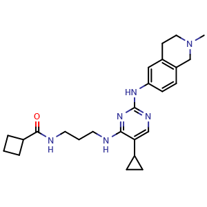Chemical structure of N-(3-((5-cyclopropyl-2-((2-methyl-1,2,3,4-tetrahydroisoquinolin-6-yl)amino)pyrimidin-4-yl)amino)propyl)cyclobutanecarboxamide , CAS 1190379-70-4, AChemBlock Y230838