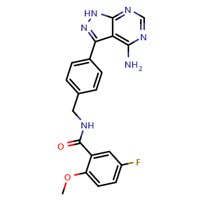 Chemical structure of N-(4-(4-amino-1H-pyrazolo[3,4-d]pyrimidin-3-yl)benzyl)-5-fluoro-2-methoxybenzamide , CAS 2089245-27-0, AChemBlock Y230841