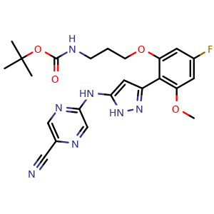 Chemical structure of tert-butyl (3-(2-(5-((5-cyanopyrazin-2-yl)amino)-1H-pyrazol-3-yl)-5-fluoro-3-methoxyphenoxy)propyl)carbamate , CAS 2120398-96-9, AChemBlock Y230845