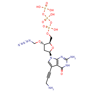 Chemical structure of ((2R,3S,5R)-5-(2-amino-5-(3-aminoprop-1-yn-1-yl)-4-oxo-3,4-dihydro-7H-pyrrolo[2,3-d]pyrimidin-7-yl)-3-(azidomethoxy)tetrahydrofuran-2-yl)methyl tetrahydrogen triphosphate , CAS 666847-81-0, AChemBlock Y230848