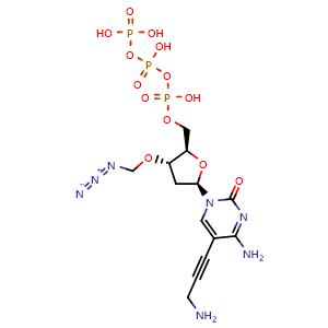 Chemical structure of ((2R,3S,5R)-5-(4-amino-5-(3-aminoprop-1-yn-1-yl)-2-oxopyrimidin-1(2H)-yl)-3-(azidomethoxy)tetrahydrofuran-2-yl)methyl tetrahydrogen triphosphate , CAS 666847-71-8, AChemBlock Y230849