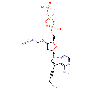 Chemical structure of ((2R,3S,5R)-5-(4-amino-5-(3-aminoprop-1-yn-1-yl)-7H-pyrrolo[2,3-d]pyrimidin-7-yl)-3-(azidomethoxy)tetrahydrofuran-2-yl)methyl tetrahydrogen triphosphate , CAS 666847-93-4, AChemBlock Y230850