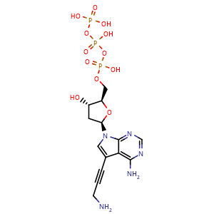 Chemical structure of ((2R,3S,5R)-5-(4-amino-5-(3-aminoprop-1-yn-1-yl)-7H-pyrrolo[2,3-d]pyrimidin-7-yl)-3-hydroxytetrahydrofuran-2-yl)methyl tetrahydrogen triphosphate , CAS 587848-72-4, AChemBlock Y230851