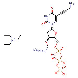 Chemical structure of triethylammonium ((2R,3S,5R)-5-(5-(3-aminoprop-1-yn-1-yl)-2,4-dioxo-3,4-dihydropyrimidin-1(2H)-yl)-3-(azidomethoxy)tetrahydrofuran-2-yl)methyl trihydrogen triphosphate , CAS 666847-57-0, AChemBlock Y230852
