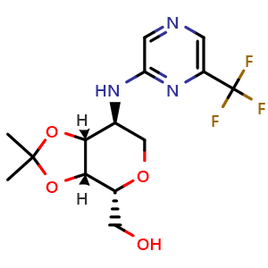 Chemical structure of ((3aR,4R,7S,7aR)-2,2-dimethyl-7-((6-(trifluoromethyl)pyrazin-2-yl)amino)tetrahydro-4H-[1,3]dioxolo[4,5-c]pyran-4-yl)methanol , CAS 2865134-53-6, AChemBlock Y230855