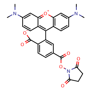 Chemical structure of 2-(3,6-bis(dimethylamino)xanthylium-9-yl)-4-(((2,5-dioxopyrrolidin-1-yl)oxy)carbonyl)benzoate , CAS 150810-69-8, AChemBlock Y230863