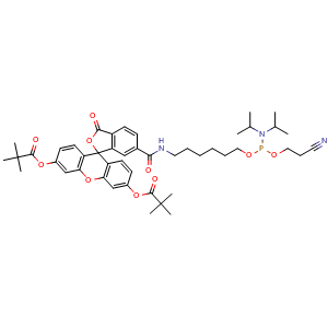 Chemical structure of 6-((6-(((2-cyanoethoxy)(diisopropylamino)phosphaneyl)oxy)hexyl)carbamoyl)-3-oxo-3H-spiro[isobenzofuran-1,9'-xanthene]-3',6'-diyl bis(2,2-dimethylpropanoate) , CAS 204697-37-0, AChemBlock Y230864