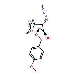 Chemical structure of (1R,2S,3R,4R,5R)-4-azido-2-((4-methoxybenzyl)oxy)-6,8-dioxabicyclo[3.2.1]octan-3-ol , CAS 635683-65-7, AChemBlock Y230883