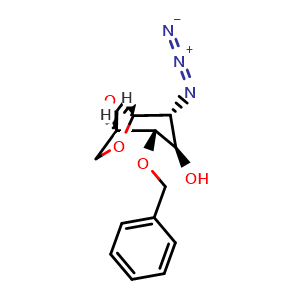 Chemical structure of (1R,2S,3R,4R,5R)-4-azido-2-(benzyloxy)-6,8-dioxabicyclo[3.2.1]octan-3-ol , CAS 55682-47-8, AChemBlock Y230884