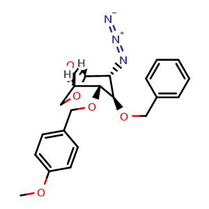 Chemical structure of (1R,2S,3R,4R,5R)-4-azido-3-(benzyloxy)-2-((4-methoxybenzyl)oxy)-6,8-dioxabicyclo[3.2.1]octane , CAS 134221-42-4, AChemBlock Y230885