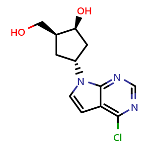 Chemical structure of (1S,2S,4R)-4-(4-Chloro-7H-pyrrolo[2,3-d]pyrimidin-7-yl)-2-(hydroxymethyl)cyclopentan-1-ol , CAS 1113025-27-6, AChemBlock Y230898