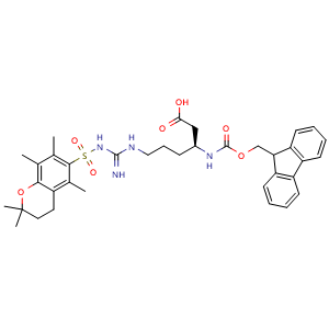 Chemical structure of (3S)-3-({[(9H-fluoren-9-yl)methoxy]carbonyl}amino)-6-{N'-[(2,2,5,7,8-pentamethyl-3,4-dihydro-2H-1-benzopyran-6-yl)sulfonyl]carbamimidamido}hexanoic acid , CAS 700377-76-0, AChemBlock Y230922