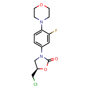 Chemical structure of (5R)-5-(Chloromethyl)-3-[3-fluoro-4-(4-morpholinyl)phenyl]-2-oxazolidinone , CAS 496031-57-3, AChemBlock Y230930