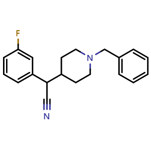Chemical structure of 2-(1-Benzylpiperidin-4-yl)-2-(3-fluorophenyl)acetonitrile , CAS 1823865-72-0, AChemBlock Y231051