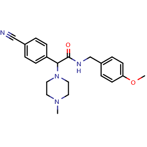 Chemical structure of 2-(4-cyanophenyl)-N-(4-methoxybenzyl)-2-(4-methylpiperazin-1-yl)acetamide , CAS 2585644-28-4, AChemBlock Y231067