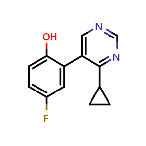 Chemical structure of 2-(4-cyclopropylpyrimidin-5-yl)-4-fluorophenol , CAS 2654082-97-8, AChemBlock Y231068