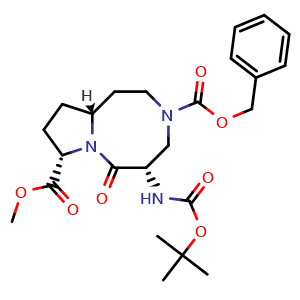 Chemical structure of 3-benzyl 8-methyl (5S,8S,10aR)-5-((tert-butoxycarbonyl)amino)-6-oxooctahydropyrrolo[1,2-a][1,5]diazocine-3,8(4H)-dicarboxylate , CAS 957135-04-5, AChemBlock Y231186